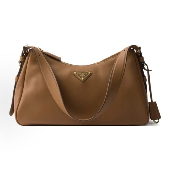 PRADA Aimee enamel metal triangular logo zipper opening and closing hand-held shoulder bag, medium-sized women\'s caramel brown
